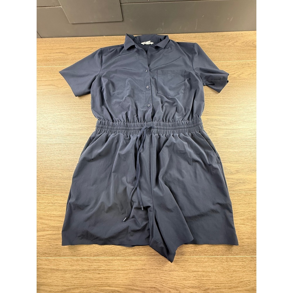 Athleta Women's Avenue Romper Navy Blue Size L TALL Button Front Collared - Picture 2 of 14